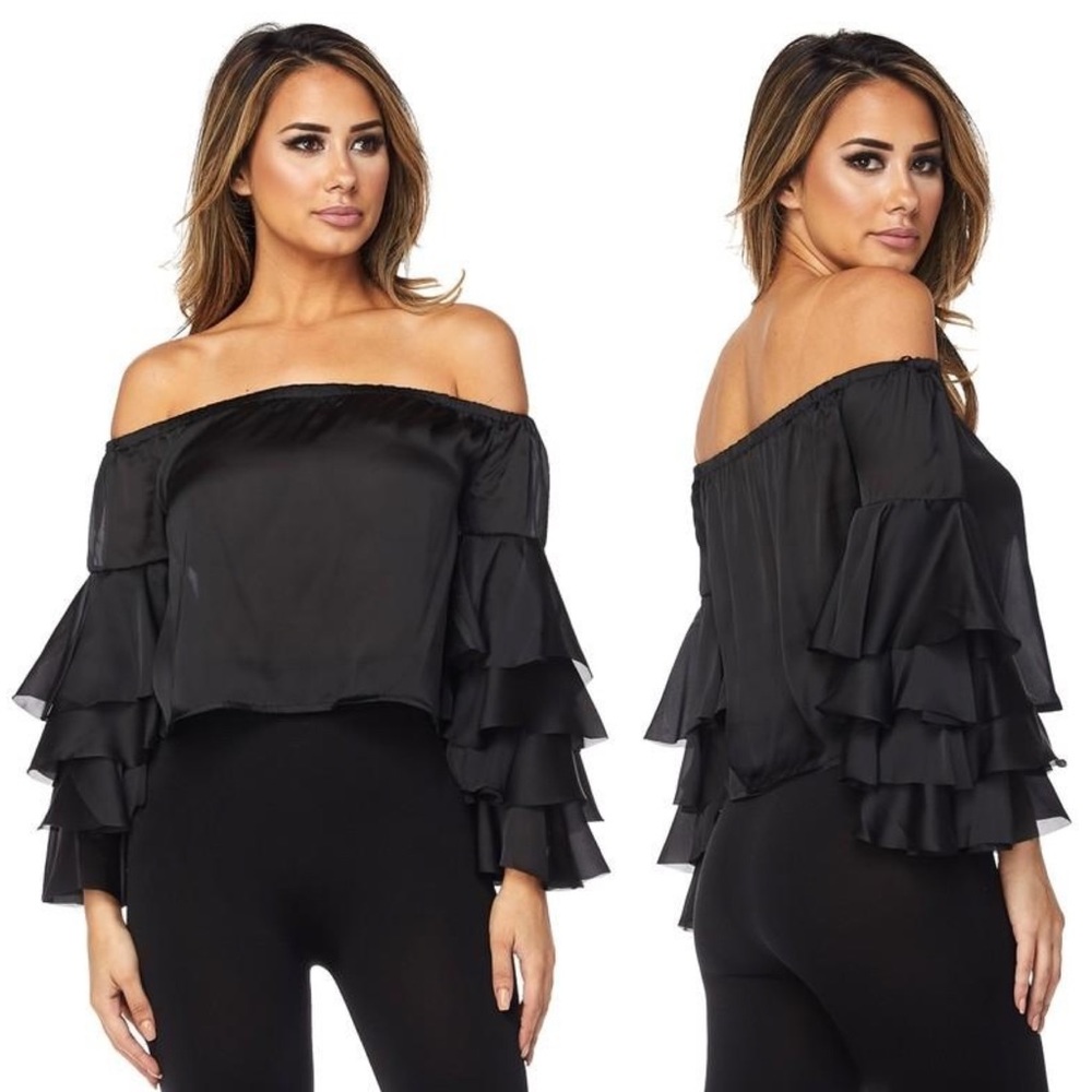 🖤 Silk Off-Shoulder Tiered 3/4 Sleeve Blouse